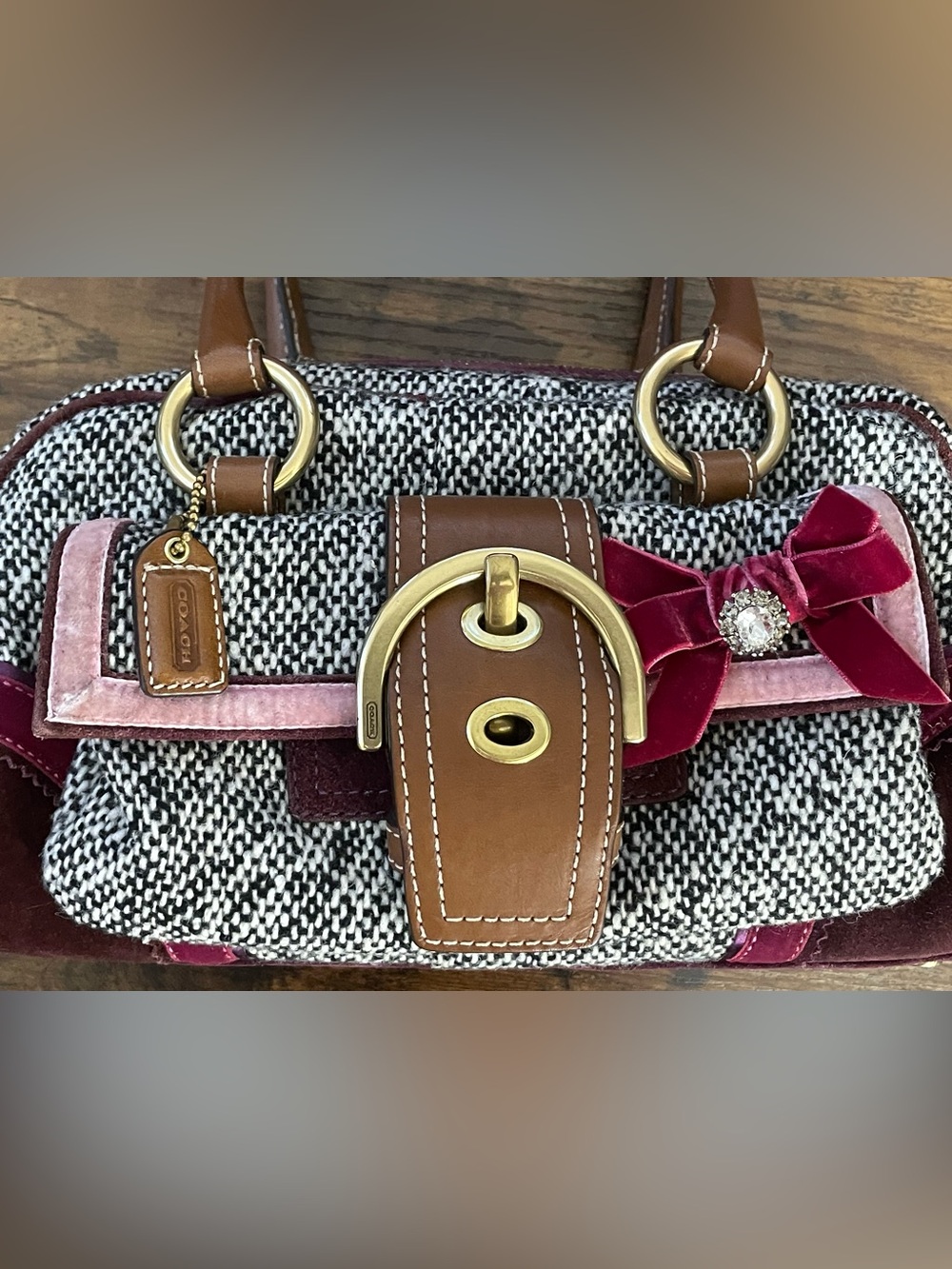 COACH SOHO Tweed & Suede Crystal Bow Satchel - Picture 6 of 12